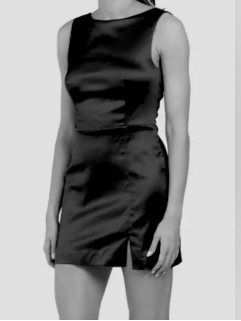 House of Harlow Sleeveless Black Satin Mini Dress with Front Slit